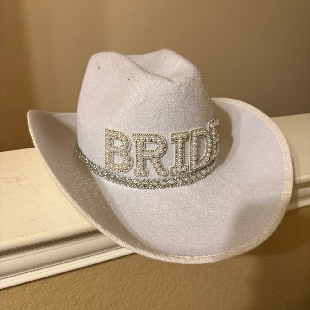 White Bride Cowboy Hat with Pearl Accents